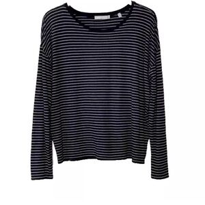 Vince 100% Pima Cotton Boxy Fit Striped Long Sleeve Tee Top in Black White Sz M